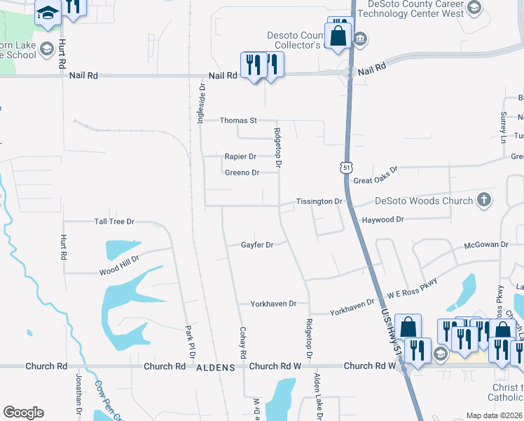 map of restaurants, bars, coffee shops, grocery stores, and more near 1849 Tissington Drive in Horn Lake