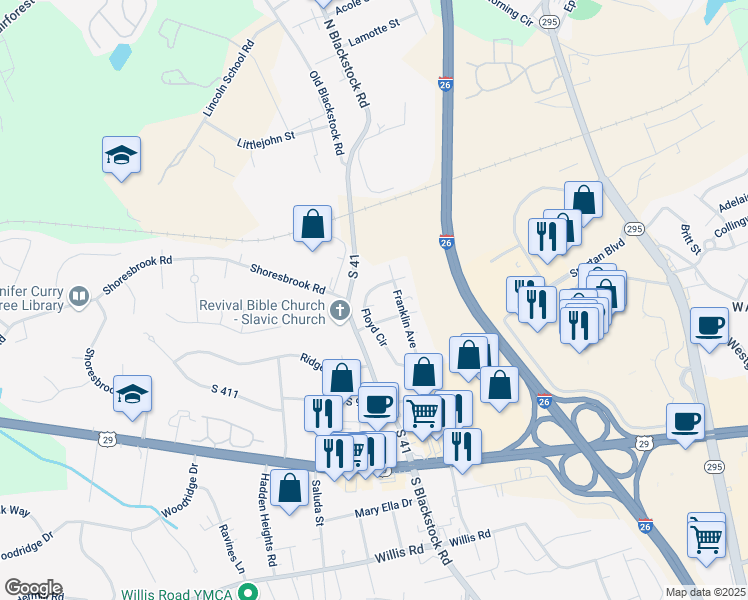 map of restaurants, bars, coffee shops, grocery stores, and more near 104 Floyd Circle in Spartanburg