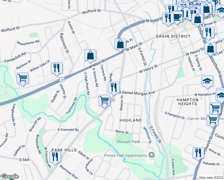 map of restaurants, bars, coffee shops, grocery stores, and more near 250 South Carolina 296 in Spartanburg