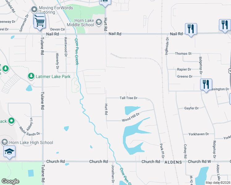 map of restaurants, bars, coffee shops, grocery stores, and more near 2110 Tall Tree Drive in Horn Lake