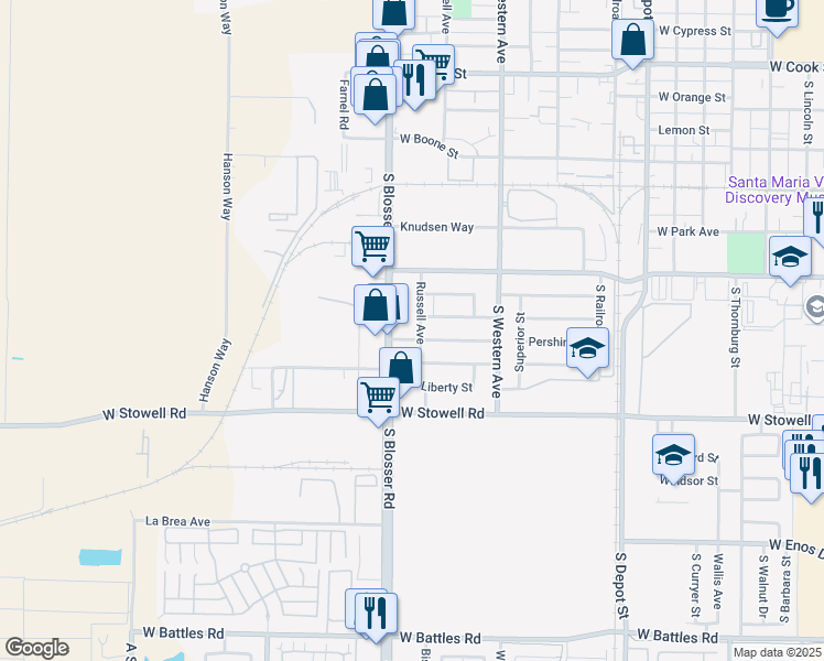 map of restaurants, bars, coffee shops, grocery stores, and more near 1100 Pershing Street in Santa Maria