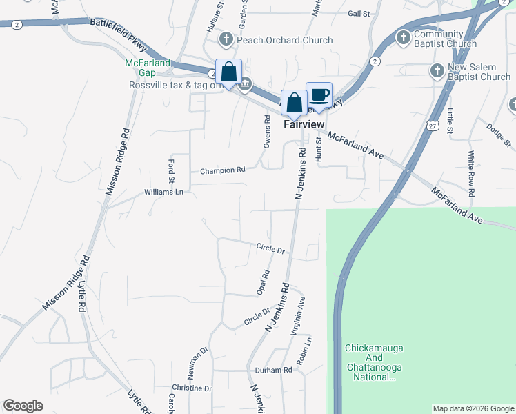 map of restaurants, bars, coffee shops, grocery stores, and more near 16 Ivy Street in Rossville