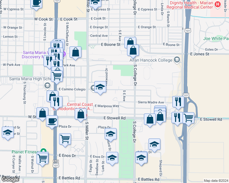 map of restaurants, bars, coffee shops, grocery stores, and more near 624 East Camino Colegio in Santa Maria