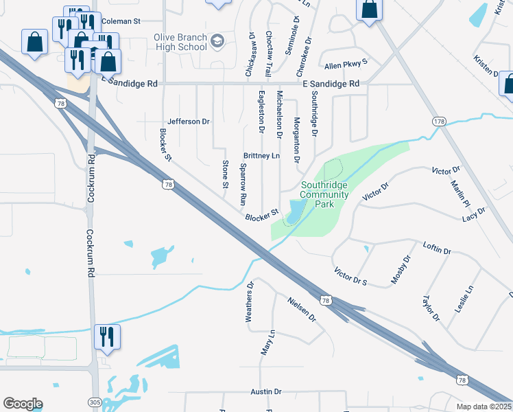 map of restaurants, bars, coffee shops, grocery stores, and more near 5360 Blocker Street in Olive Branch