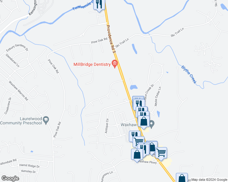 map of restaurants, bars, coffee shops, grocery stores, and more near 3704 Wind Ridge Place in Waxhaw