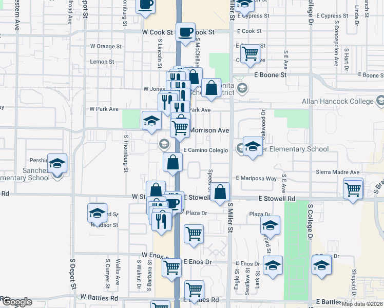 map of restaurants, bars, coffee shops, grocery stores, and more near 124 East Camino Colegio in Santa Maria