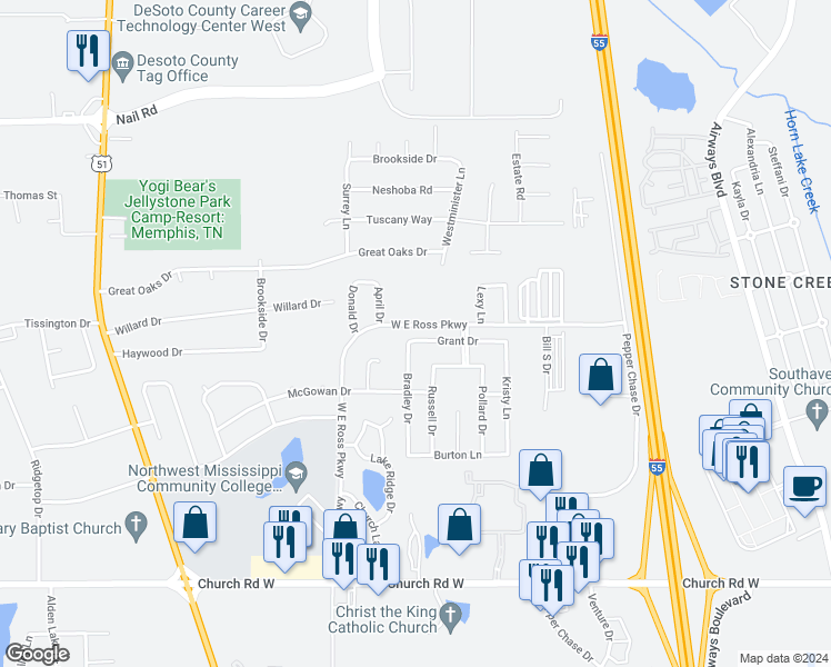 map of restaurants, bars, coffee shops, grocery stores, and more near 830 Grant Drive in Southaven