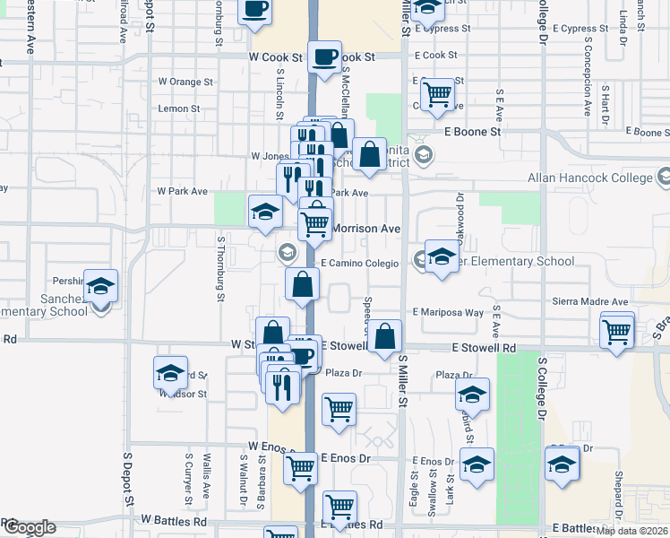 map of restaurants, bars, coffee shops, grocery stores, and more near 124 East Camino Colegio in Santa Maria