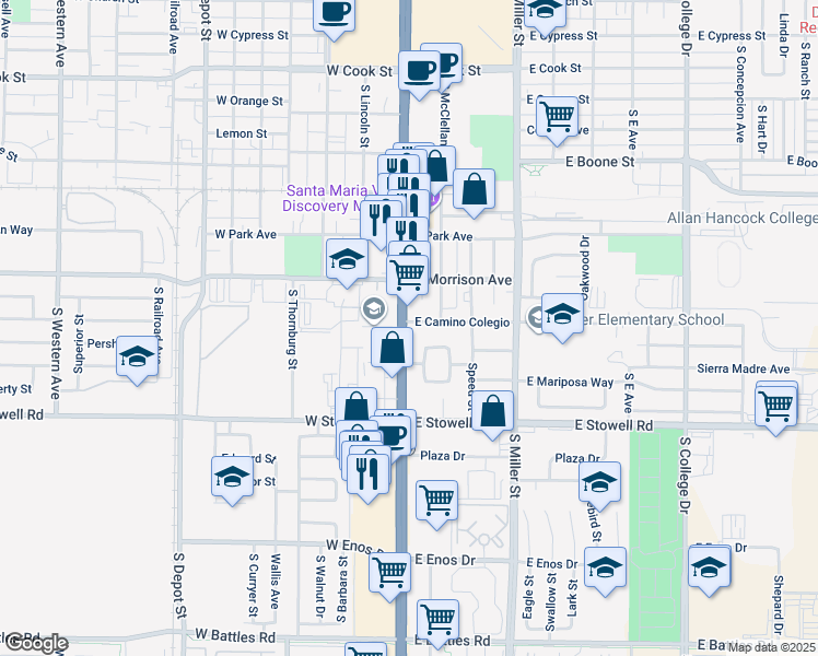 map of restaurants, bars, coffee shops, grocery stores, and more near 125 Palm Court Drive in Santa Maria