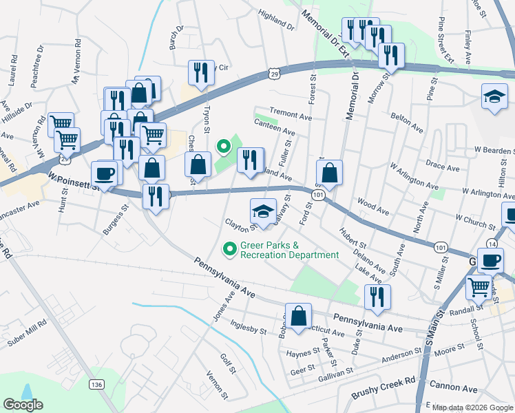 map of restaurants, bars, coffee shops, grocery stores, and more near 111 South Howell Street in Greer