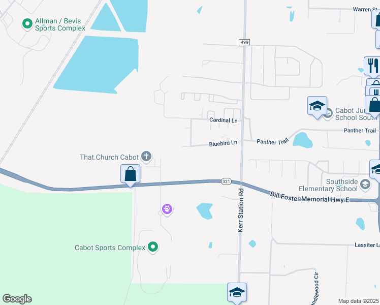 map of restaurants, bars, coffee shops, grocery stores, and more near 241 Bluebird Lane in Cabot