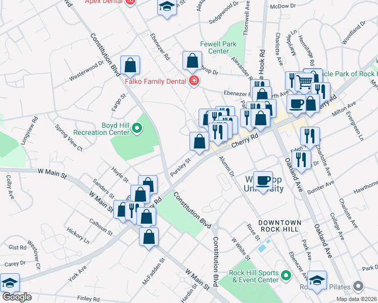 map of restaurants, bars, coffee shops, grocery stores, and more near 157 Bynum Avenue in Rock Hill