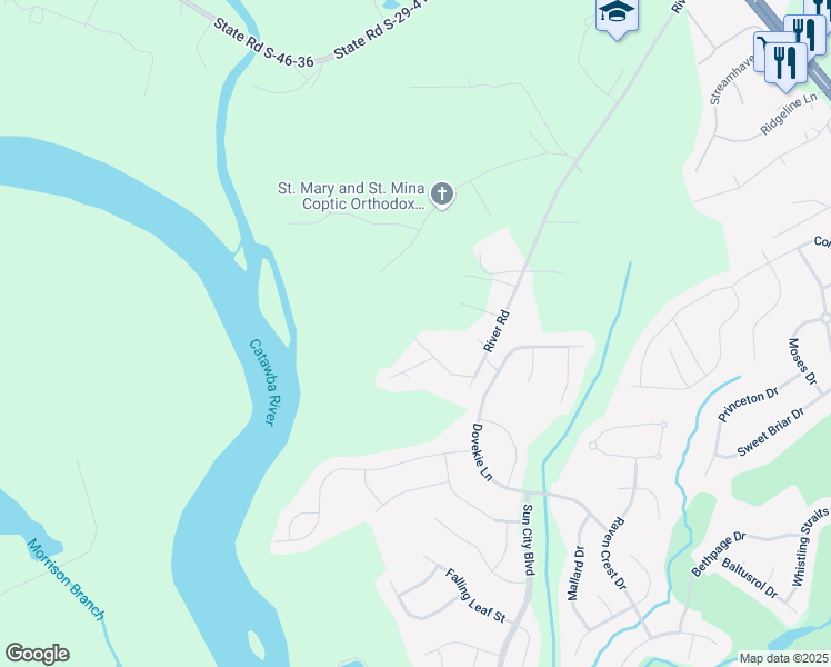 map of restaurants, bars, coffee shops, grocery stores, and more near 272 River Chase Lane in Fort Mill
