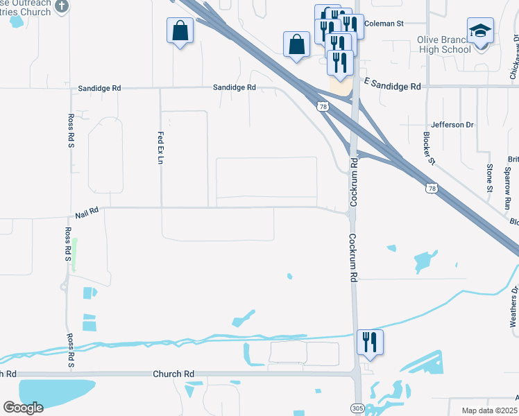 map of restaurants, bars, coffee shops, grocery stores, and more near Nail Road in Olive Branch