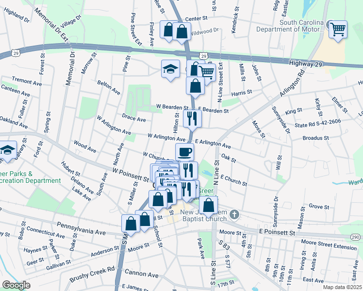 map of restaurants, bars, coffee shops, grocery stores, and more near 211 North Main Street in Greer