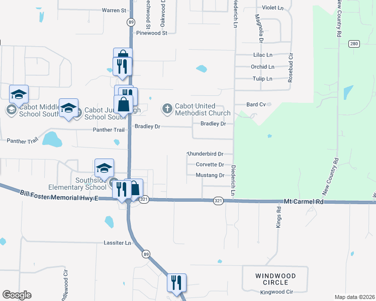 map of restaurants, bars, coffee shops, grocery stores, and more near 38 Thunderbird Drive in Cabot