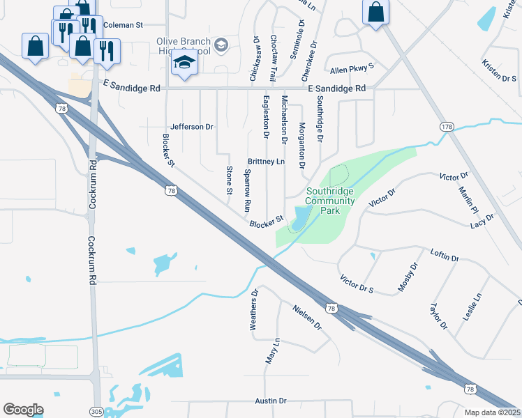map of restaurants, bars, coffee shops, grocery stores, and more near 5631 Eagleston Drive in Olive Branch