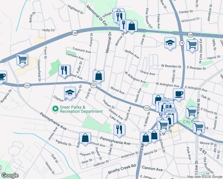 map of restaurants, bars, coffee shops, grocery stores, and more near 109 Wood Avenue in Greer