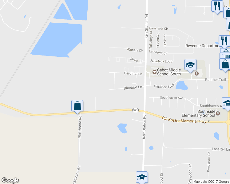 map of restaurants, bars, coffee shops, grocery stores, and more near 241 Bluebird Lane in Cabot