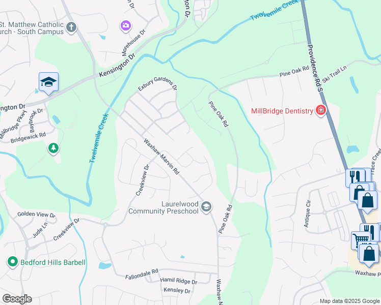 map of restaurants, bars, coffee shops, grocery stores, and more near 4519 Waxhaw-Marvin Road in Waxhaw