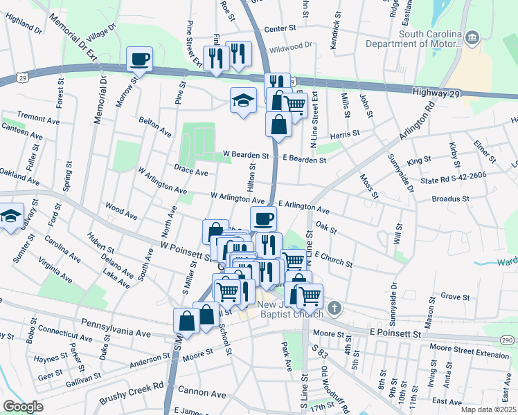 map of restaurants, bars, coffee shops, grocery stores, and more near 211 North Main Street in Greer