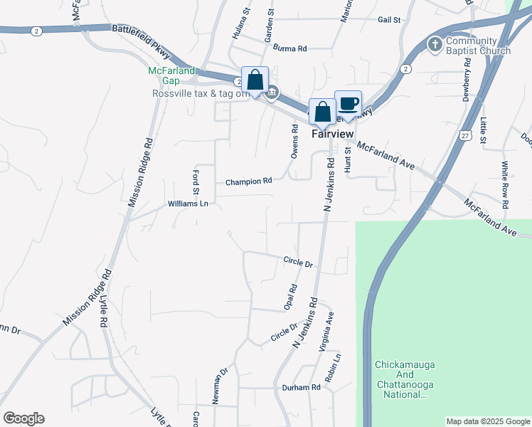 map of restaurants, bars, coffee shops, grocery stores, and more near 118 Ivy Street in Rossville