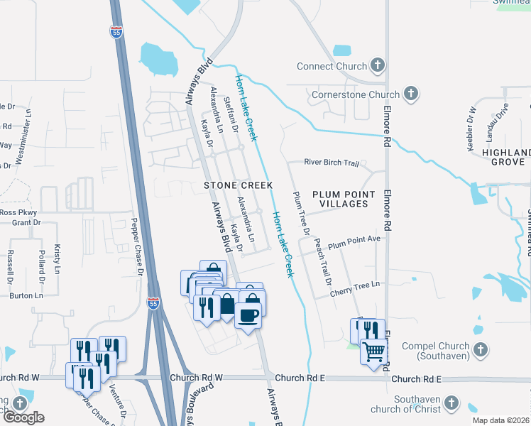 map of restaurants, bars, coffee shops, grocery stores, and more near 5502 Steffani Drive in Southaven