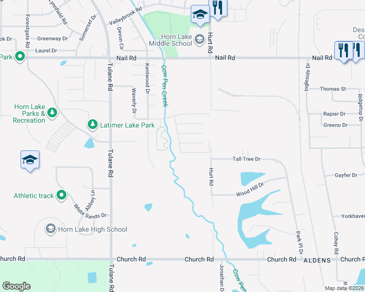 map of restaurants, bars, coffee shops, grocery stores, and more near 2615 South Avalon Drive in Horn Lake
