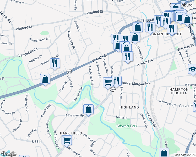 map of restaurants, bars, coffee shops, grocery stores, and more near 176 East Victoria Road in Spartanburg