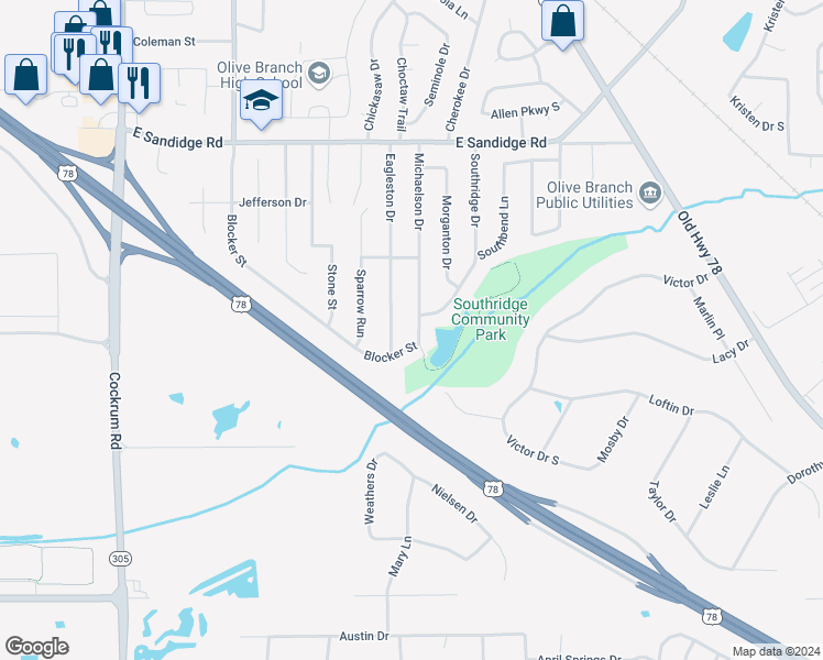 map of restaurants, bars, coffee shops, grocery stores, and more near 5633 Michaelson Drive in Olive Branch