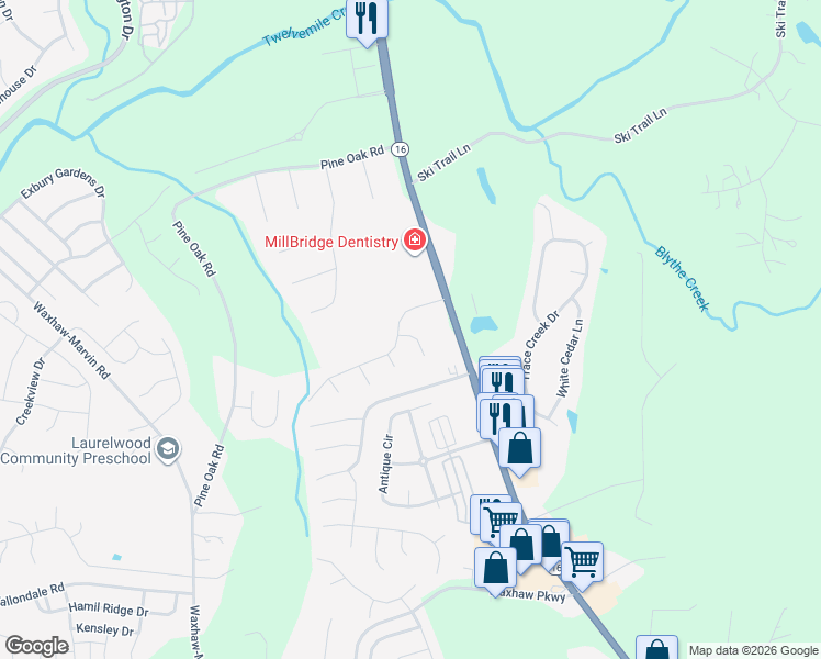 map of restaurants, bars, coffee shops, grocery stores, and more near 3703 Wind Ridge Place in Waxhaw