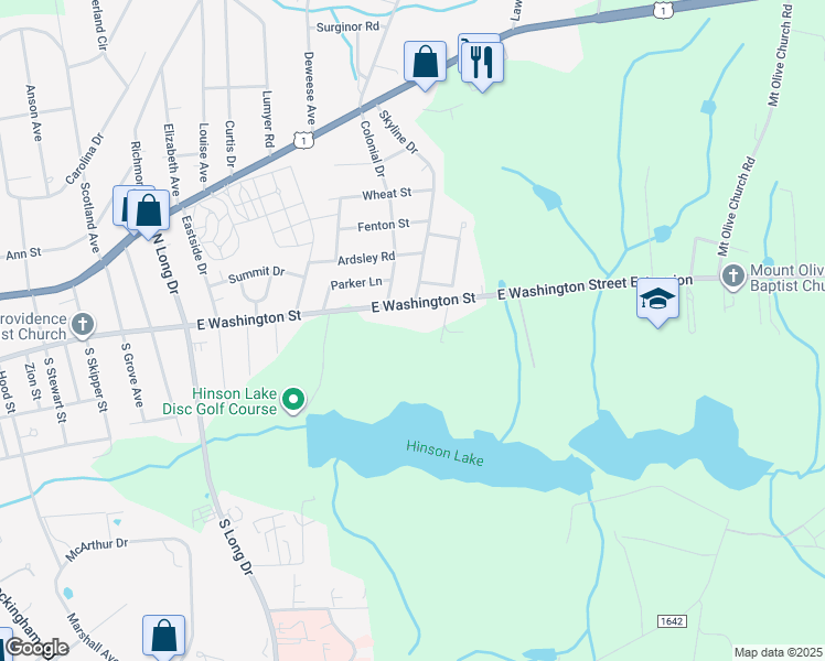 map of restaurants, bars, coffee shops, grocery stores, and more near 2005 East Washington Street in Rockingham