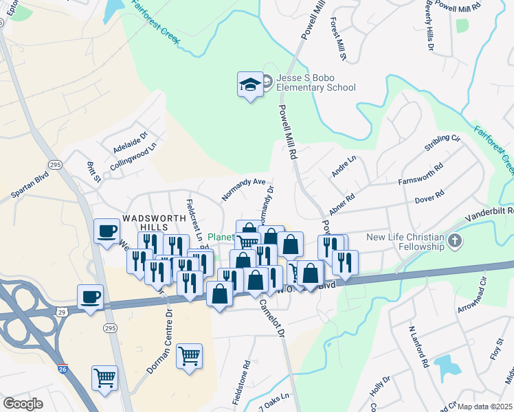 map of restaurants, bars, coffee shops, grocery stores, and more near 1442 Dover Road in Spartanburg