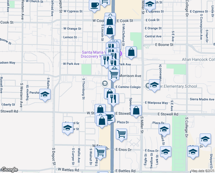 map of restaurants, bars, coffee shops, grocery stores, and more near 901 South Broadway in Santa Maria