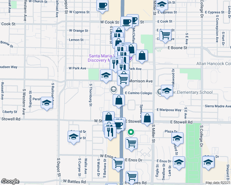 map of restaurants, bars, coffee shops, grocery stores, and more near 901 South Broadway in Santa Maria