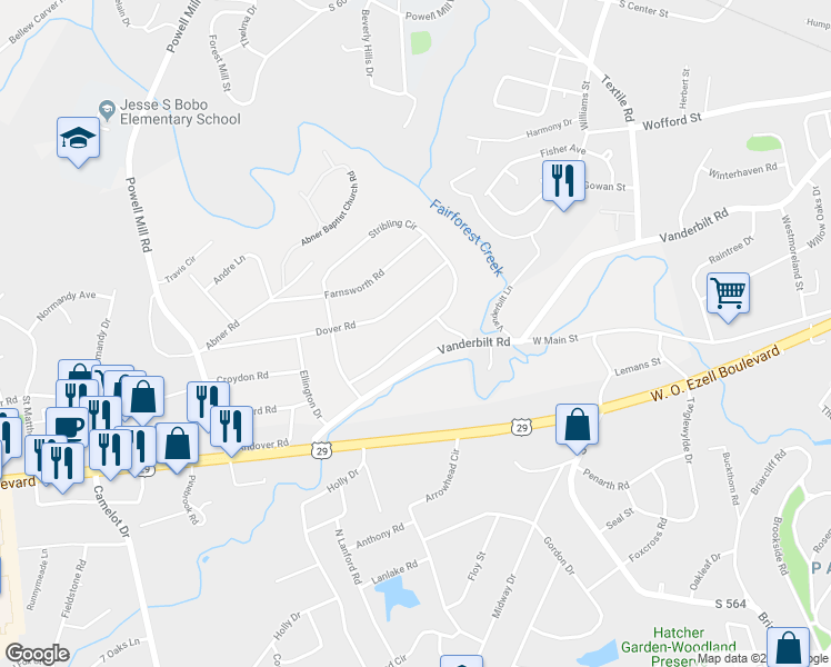 map of restaurants, bars, coffee shops, grocery stores, and more near 105 Stribling Circle in Spartanburg
