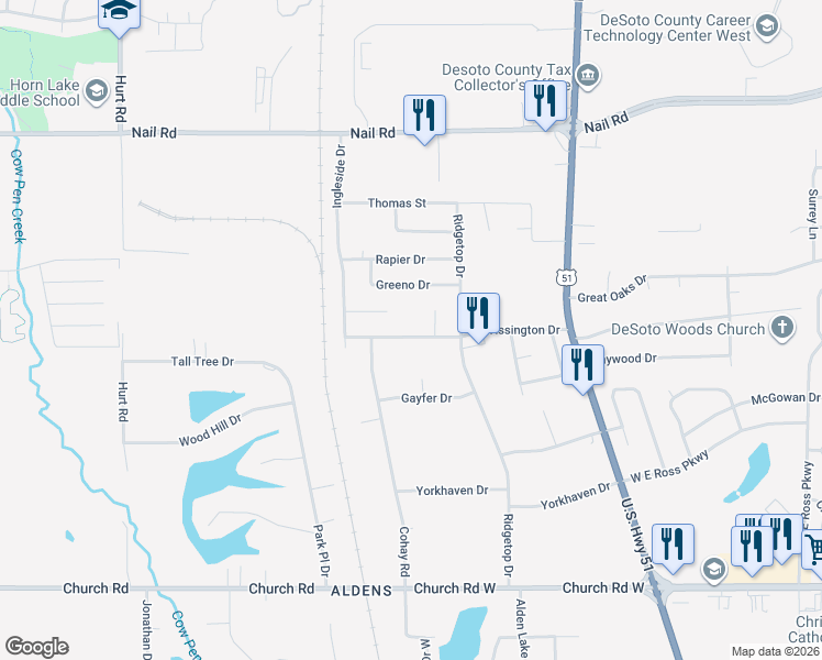 map of restaurants, bars, coffee shops, grocery stores, and more near 5609 Tissington Cove in Horn Lake
