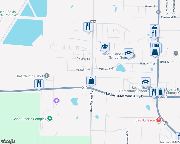 map of restaurants, bars, coffee shops, grocery stores, and more near 2710 Kerr Station Road in Cabot