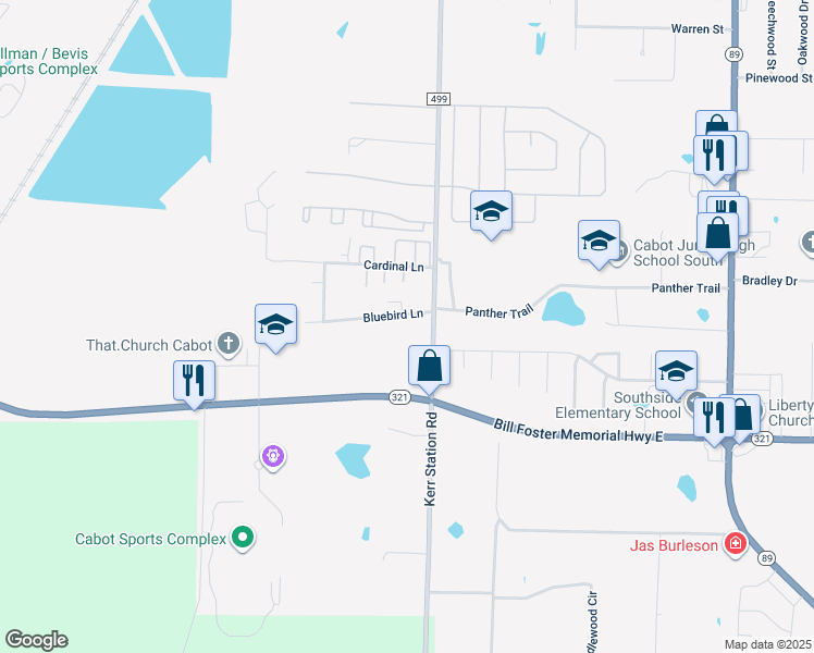 map of restaurants, bars, coffee shops, grocery stores, and more near 19 Red Bird Cove in Cabot