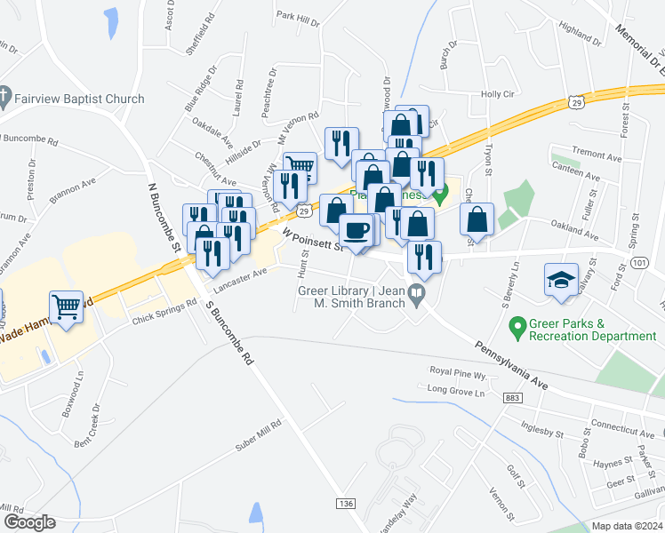 map of restaurants, bars, coffee shops, grocery stores, and more near 206 Lancaster Avenue in Greer