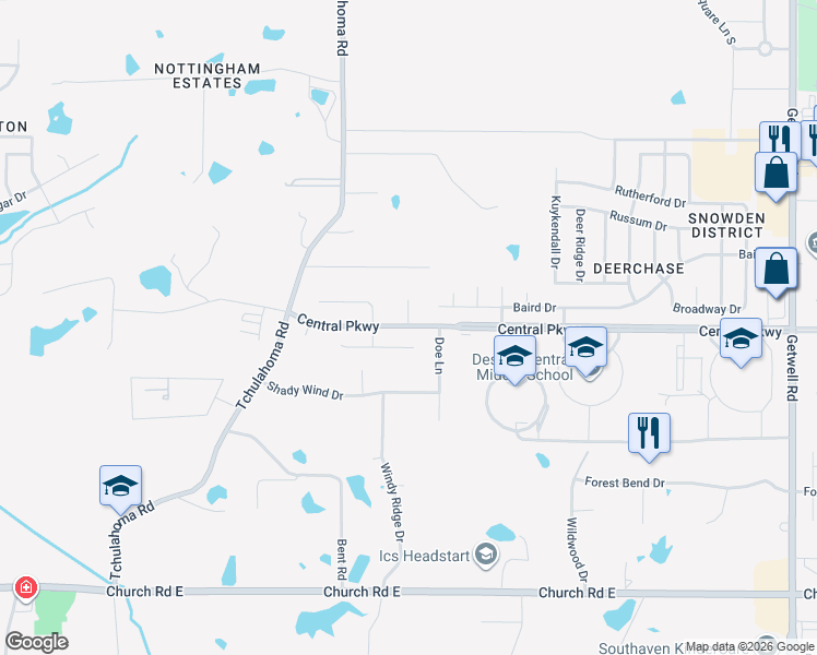 map of restaurants, bars, coffee shops, grocery stores, and more near 1575 Central Parkway in Southaven