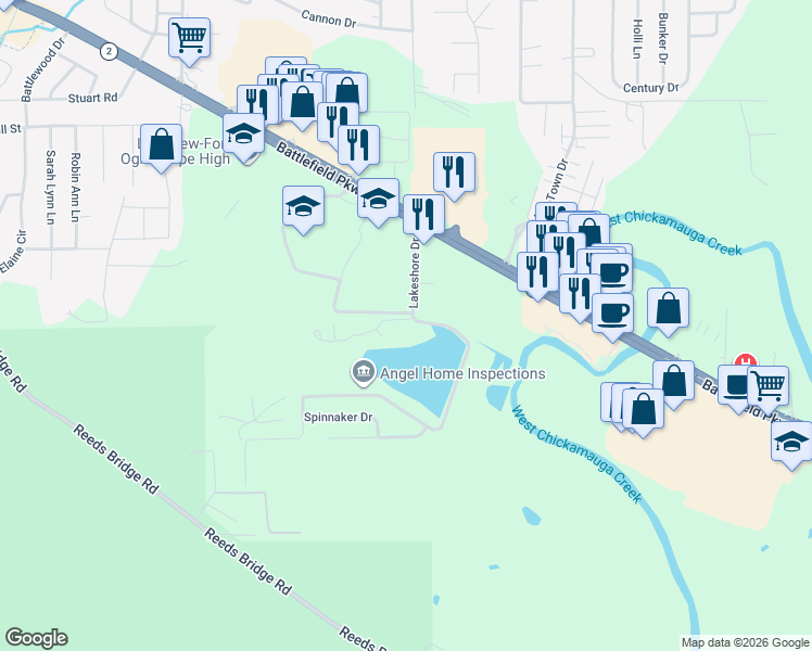 map of restaurants, bars, coffee shops, grocery stores, and more near 1100 Lakeshore Drive in Fort Oglethorpe
