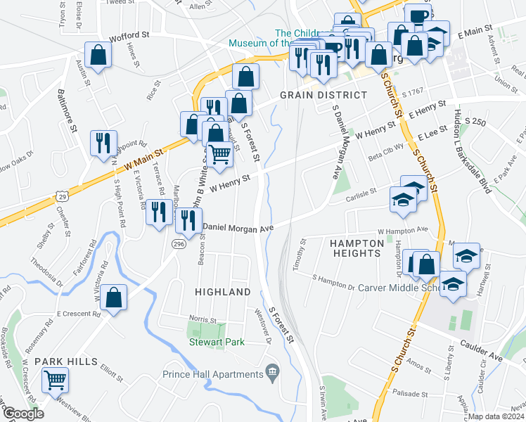 map of restaurants, bars, coffee shops, grocery stores, and more near 399 South Daniel Morgan Avenue in Spartanburg