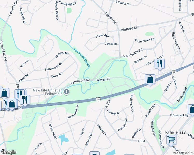 map of restaurants, bars, coffee shops, grocery stores, and more near 206 Vanderbilt Road in Spartanburg