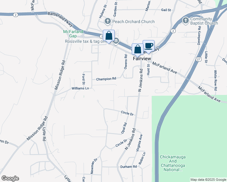 map of restaurants, bars, coffee shops, grocery stores, and more near 21 Ellis Lane in Rossville