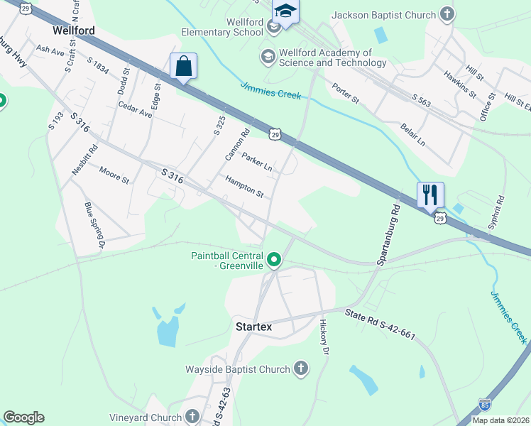 map of restaurants, bars, coffee shops, grocery stores, and more near 272 Tucapau Road in Wellford