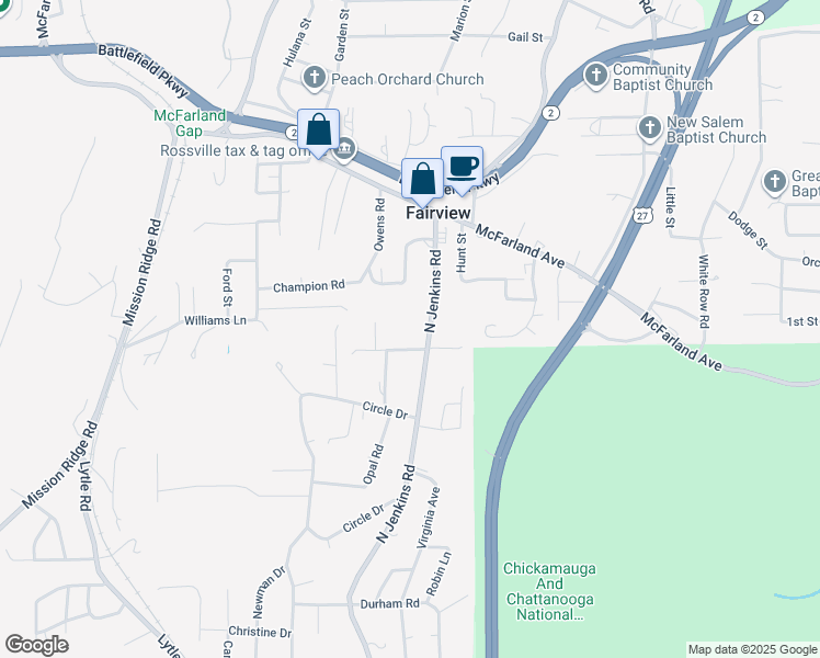map of restaurants, bars, coffee shops, grocery stores, and more near 373 North Jenkins Road in Rossville