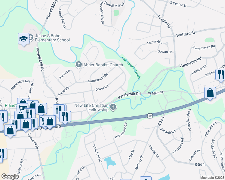 map of restaurants, bars, coffee shops, grocery stores, and more near 178 Stribling Circle in Spartanburg