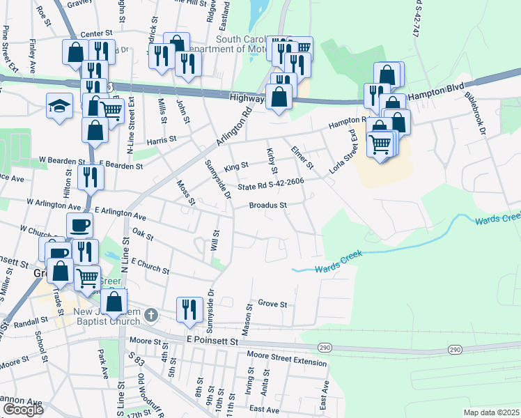 map of restaurants, bars, coffee shops, grocery stores, and more near 127 Broadus Street in Greer