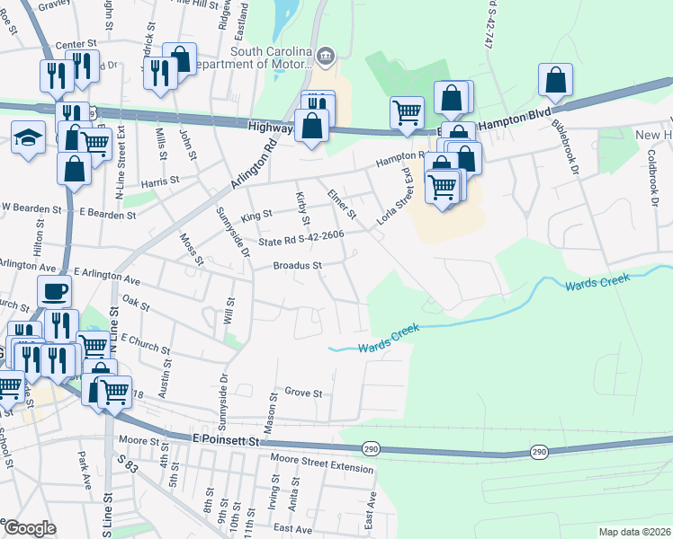 map of restaurants, bars, coffee shops, grocery stores, and more near 200 Morgan Street in Greer